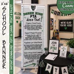May include: A 2x6 foot vertical banner featuring a notebook paper design with a panther mascot logo and the text Derby High PTA does that. The banner lists PTA activities including organizing school events, supporting student programs, and fundraising.