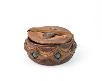 Vintage Leather Jewelry Box, 1980s Beauty Box, Round Brown Hinged Trinket Storage, Home Decor