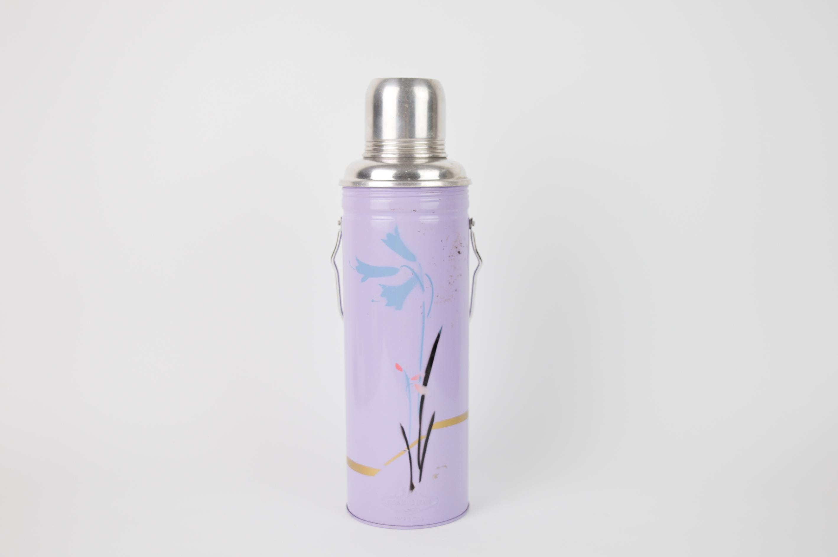 Retro Lila Isolierflasche, Vintage Metallthermoss in China hergestellt, Camping Flasche mit Tasse