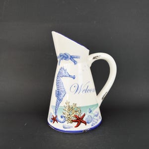 White Ceramic Water Pitcher, Large Ceramic Jug, Handled Flower Vase, Shabby Chic Kitchen Decor