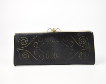 Leather Black Glasses Case, Flower Motif, Clutch Lock, Vintage Glasses Box