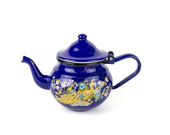Vintage diepblauwe geëmailleerde theepot, 600 ml retro waterkoker met fornuis, keukendecor