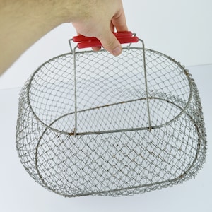 Vintage European Drahtkorb, Retro zusammenklappbarer Drahtkorb, Metall faltender Fischkorb, runder Draht-Einkaufskorb, rustikales Bauernhausdekor