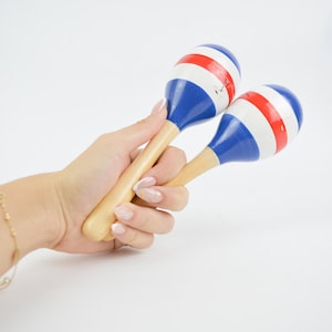 Vintage Maracas, Vintage Wooden Maracas, Vintage Blue Red White Shakers, Musical Shakers, Vintage Musical Instruments, Oriental Instruments