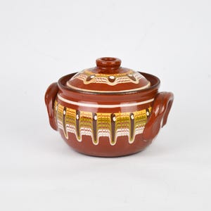 Casseruola in ceramica marrone vintage, piccola casseruola vintage con coperchio, casseruola in gres con arte popolare vintage, casseruola in ceramica vintage