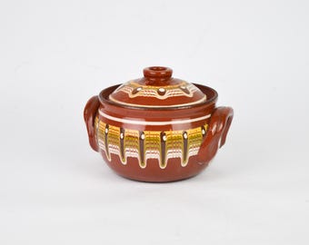 Cazuela de cerámica marrón vintage, cazuela retro, cerámica de arte popular, decoración del hogar