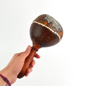 Vintage Hand Painted Wooden Maracas with Handle, Tropical Rustic Shaker, Rattle Oriental Musical Instrument, Brown Shaker Music, Home Decor