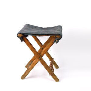 Vintage Wooden Folding Fishing Chair - Vintage CollapsibleCamp Fishing Chair - Blue Folding Stool - Vintage Collapsible Camping Chair