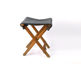 Vintage Wooden Folding Fishing Chair, Retro Collapsible Camping Chair, Blue Stool