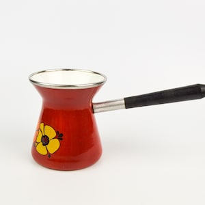 Vintage Enamel Coffee Pot, Red Turkish-style Coffee Maker, Retro Cezve, Rustic Home Decor