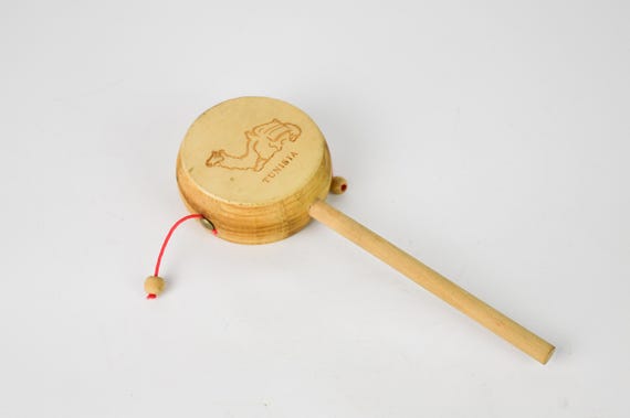 Vintage Rattle Drum, Tribal Spin Drum, Instrument Noise Maker, Made in Tunisia, Child Toy