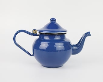 Vintage blauw geëmailleerde theepot – 500 ml, waterkoker op fornuis, rustiek keukendecor