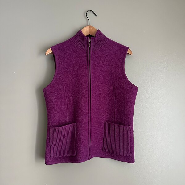 Tabi Boiled Wool Vest, Purple, Zip Up, Size Medium