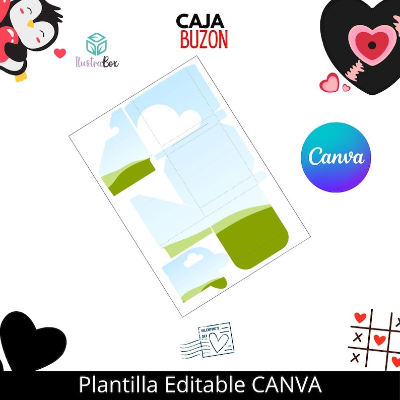 以下が含まれることがあります： バレンタインデーの郵便受けの印刷可能なテンプレート。青い空、緑の草、ハート型の切り抜きがあります。テンプレートには「CAJA BUZON」と「Plantilla Editable CANVA」のラベルが貼られています。