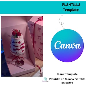 Puede incluir: Un postre en capas en un vaso alto, con crema blanca y capas rojas, adornado con frambuesas y crema. El vaso se presenta en una caja rosa con una cinta. La imagen también incluye el logotipo de Canva y el texto "PLANTILLA Template" y "Blank Template".