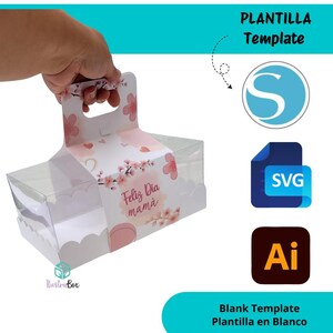 May include: A clear, rectangular gift box with a handle, decorated with pink floral patterns and the text "Feliz Dia mama". The box is a template, with the words "PLANTILLA Template" and "Blank Template Plantilla en Blanco" visible.