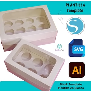 Puede incluir: Dos cajas blancas para cupcakes con ventanas transparentes y compartimentos individuales. Las cajas están etiquetadas como "PLANTILLA Template" y "Blank Template Plantilla en Blanco".