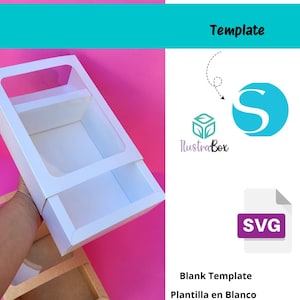 May include: White cardboard box with a clear plastic window, featuring two compartments. The box is designed for packaging and displaying products. The image includes the text "Template" and "Blank Template Plantilla en Blanco".