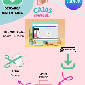 May include: A pink and green graphic with a white cloud with a download arrow, the text "DESCARGA INSTANTANEA", a pink box with a white box inside and the text "CAJAS SURPRISE1", a computer screen showing a design program, a green scissors and white rectangle with the text "Trim Recorta", a pink printer icon with the text "Print Imprime", a pink arrow, a green download arrow, and the text "Canva DOWNLOAD".