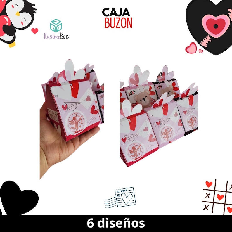 以下が含まれることがあります： 白いフラップが付いた、ピンクと赤の小さな段ボール箱の6つの異なるデザイン。箱は、キューピッド、テディベア、ハートの画像でバレンタインデーのテーマになっています。画像の上部に「CAJA BUZON」というテキストが印刷されています。画像の下部に「6 dise&ntilde;os」というテキストが印刷されています。