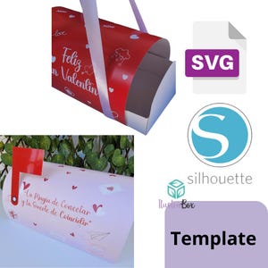 Könnte beinhalten: Ein roter und weißer Valentinstags-Briefkasten mit einem weißen Schleifenband als Griff. Der Briefkasten trägt den Text "Feliz en Valentin" auf der Vorderseite. Der Briefkasten steht auf einer grünen Oberfläche. Das Bild zeigt auch einen rosafarbenen Briefkasten mit dem Text "La Magia de Conectar y la Suerte de Coincidir" auf der Vorderseite. Das Bild enthält den Text "SVG" und "Template".