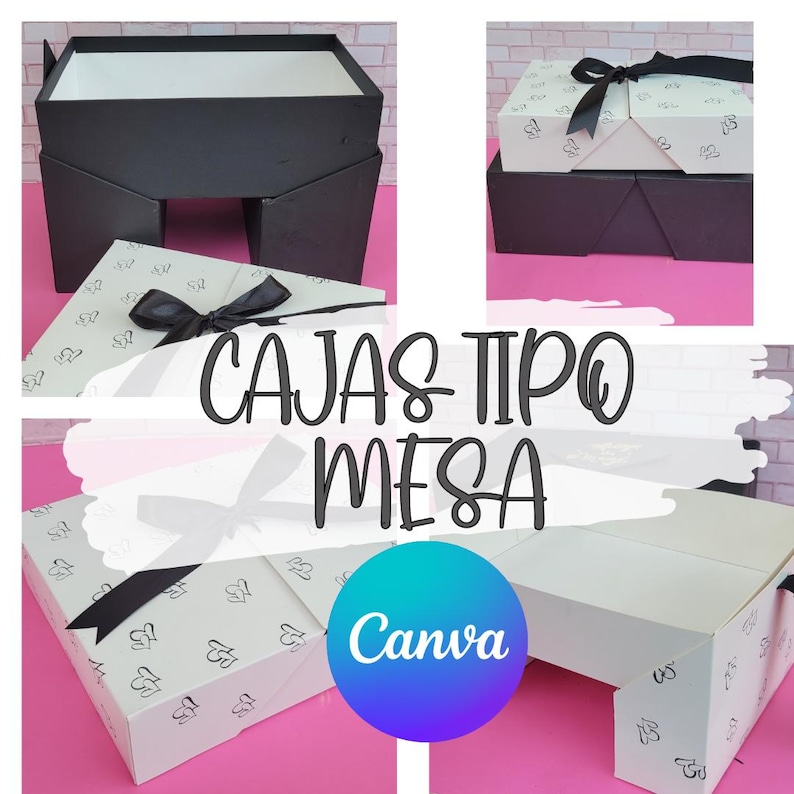 May include: A white gift box with a black ribbon and a black and white patterned design. The box is folded into a table shape. The text "CAJAS TIPO MESA" is written in black on a white background. The text "Canva" is written in white on a blue and purple gradient background.