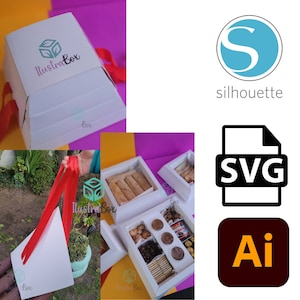 以下が含まれることがあります： 赤いリボンと「Ilustra Box」の文字が書かれた白いギフトボックス。ボックスは開いており、クッキー、クラッカー、チョコレートなど、さまざまなスナックが入っています。ボックスはピンクとオレンジの背景のテーブルの上に置かれています。