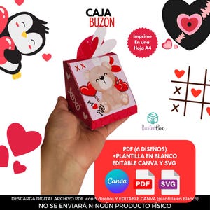 以下が含まれることがあります： ハートの風船を持ったテディベアが描かれた、バレンタインデーの箱の印刷可能なテンプレート。箱は家の形をしていて、赤と白の配色になっています。画像の上部には「CAJA BUZON」というテキストがあります。画像の下部には「PDF (6 DISE&Ntilde;OS) +PLANTILLA EN BLANCO EDITABLE CANVA Y SVG」というテキストがあります。