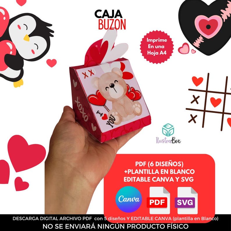 以下が含まれることがあります： ハートの風船を持ったテディベアが描かれた、バレンタインデーの箱の印刷可能なテンプレート。箱は家の形をしていて、赤と白の配色になっています。画像の上部には「CAJA BUZON」というテキストがあります。画像の下部には「PDF (6 DISE&Ntilde;OS) +PLANTILLA EN BLANCO EDITABLE CANVA Y SVG」というテキストがあります。