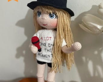 Blonde Pop Star Inspired Crochet Doll with Guitar – Handmade Amigurumi Music Lover Gifts