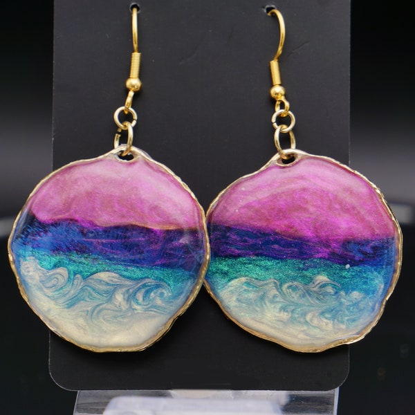 Ocean Sunset Earrings, Handmade, Lightweight, 18K Gold, round, dangle earrings, drop earrings (1in. , 0.1 oz.)