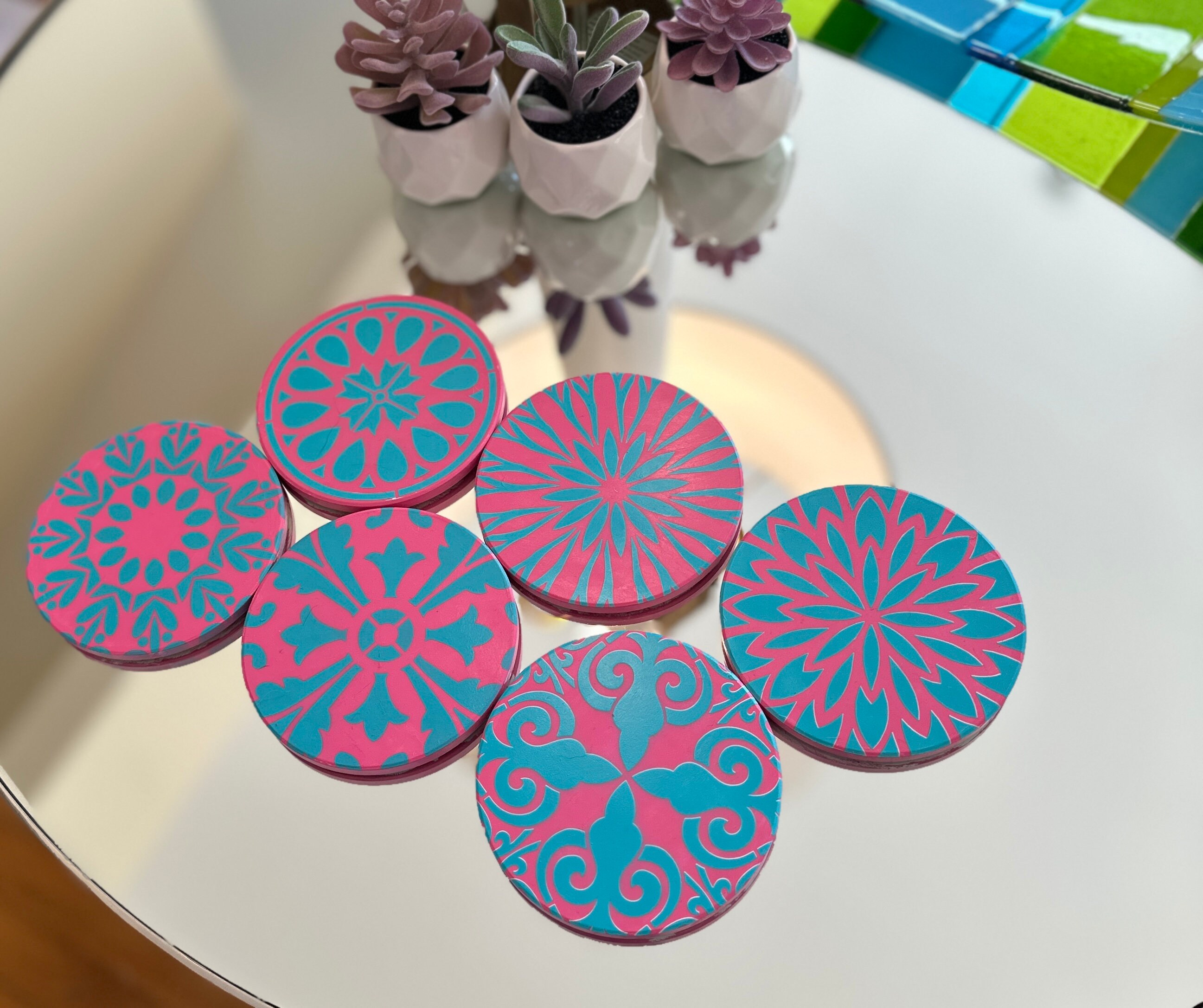 Ceramic Coaster Set, Ceramic Coasters, Ceramic, Coaster, Hand Painted Coaster Set, Coaster Set, Handmade, Boho Deco, Trippy, Eye Candy