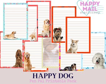 Conjunto de papelaria para cachorro feliz | Papel forrado digital para cães | Pacote para impressão Dog Happy Mail Pen Pal