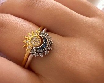 Sun and Moon Ring, 925 Sterling Silver Sun and Moon Celestial Ring, Minimalist Sun and Moon Ring, Sun and Moon Gothic Ring, Silver Moon Ring