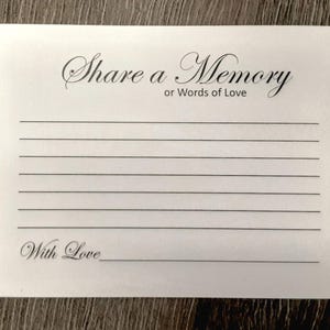Tarjetas de recuerdo personalizadas*: Comparta un recuerdo, alternativa al libro de visitas para funerales (Paquete de 50)