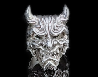 Anillo de máscara Hannya de plata esterlina - Joyería de demonio japonés