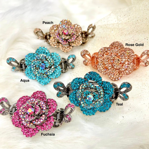 Crystal handmade hair clips made in Korea - 7 colors (Peach, Rose gold, Aqua, Teal, Fuchsia, Pink, Navy)