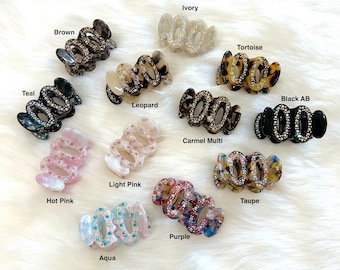 Small Size Light Weight Crystal decorated Oval shape Hair Claws(2 pieces Set) - 5 colors