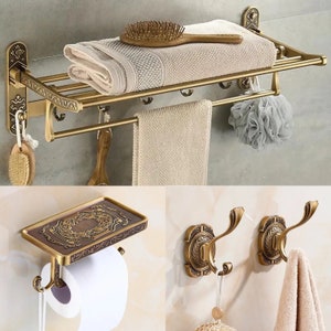 Vintage Toilet Roll Holder Gold Fixture Brass with Screws Toilet Paper Holder With Shelf Antique Bathroom Accessories 4pcs Full Set