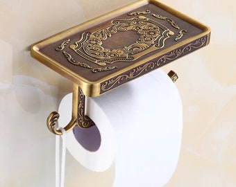 Vintage Toilet Roll Holder Gold Fixture Brass with Screws Toilet Paper Holder With Shelf | Antique Bathroom Accessories