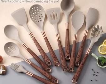 9pc Kitchen Utensils Set Silicone Cooking Utensils With Wooden Handle | Serving Spoons Ladle Set Bamboo Handle