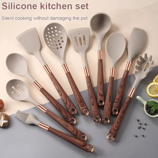 9pc Kitchen Utensils Set Silicone Cooking Utensils With Wooden Handle | Serving Spoons Ladle Set Bamboo Handle