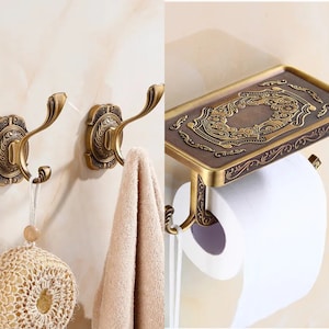 Vintage Toilet Roll Holder Gold Fixture Brass with Screws Toilet Paper Holder With Shelf Antique Bathroom Accessories 3pc Set