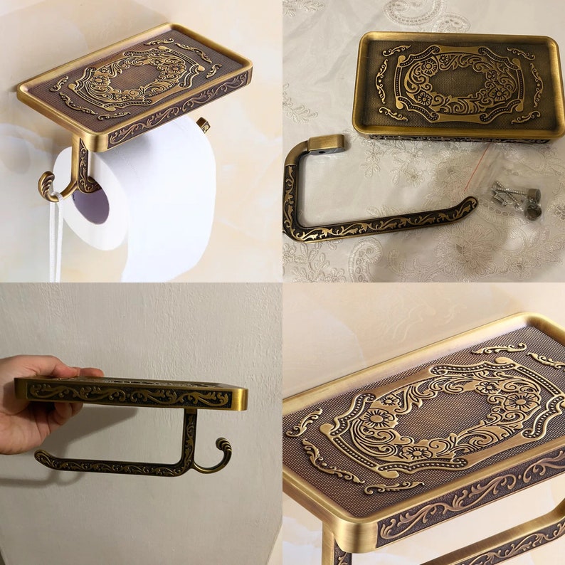 Vintage Toilet Roll Holder Gold Fixture Brass with Screws Toilet Paper Holder With Shelf Antique Bathroom Accessories image 2