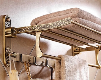 Towel Holder Brass | Antique Gold Towel Holder Foldable | Toilet Roll Holder With Shelf | Towel Hooks | Towel Holder Set Gold |