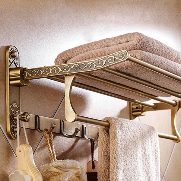 Towel Holder Brass | Antique Gold Towel Holder Foldable | Toilet Roll Holder With Shelf | Towel Hooks | Towel Holder Set Gold |