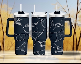 Sting Ray Sea Life 40oz Tumbler | Ocean Marine Life Travel Mug with Laser Engraved Manta Rays & Stingrays Drinkware for Ocean Lovers