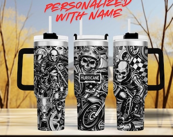 Biker Skeleton 40oz Tumbler, Laser Engraved Motorcycle Skull Travel Mug, Edgy Gothic Drinkware, Racing Flag, Hot Rod Gift, Skull Biker Gift
