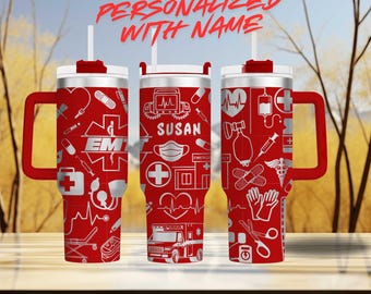 EMT Gift Personalized Tumbler with Handle | Laser Engraved EMS Gift for First Responders | 40oz Insulated Medical Drinkware with Custom Name