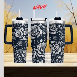 40oz personalized rose tumbler custom engraved stainless steel cup with floral and name design perfect gift for her or birthday present